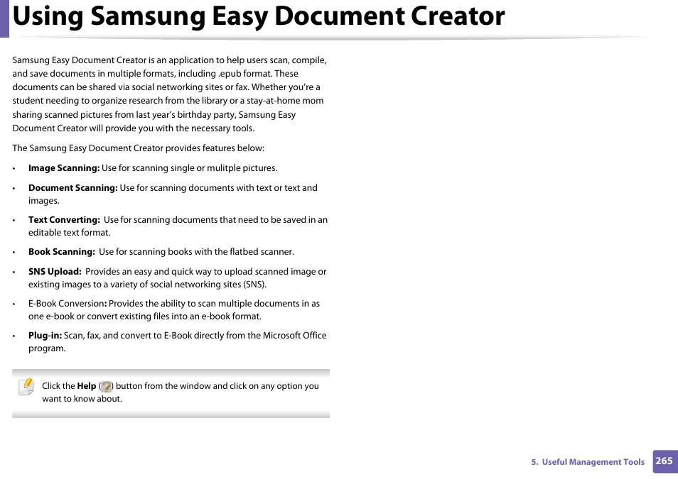 Using samsung easy document creator, Machine software (see, Using samsung easy document | Samsung SL-C460W-XAX User Manual | Page 265 / 337