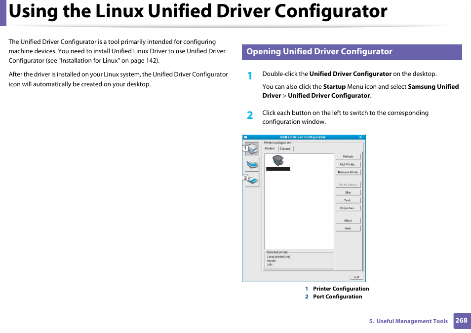 Using the linux unified driver configurator, Opening unified driver configurator | Samsung SL-C460W-XAX User Manual | Page 268 / 337