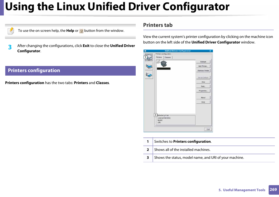 Printers configuration, Using the linux unified driver configurator, Printers tab | Samsung SL-C460W-XAX User Manual | Page 269 / 337
