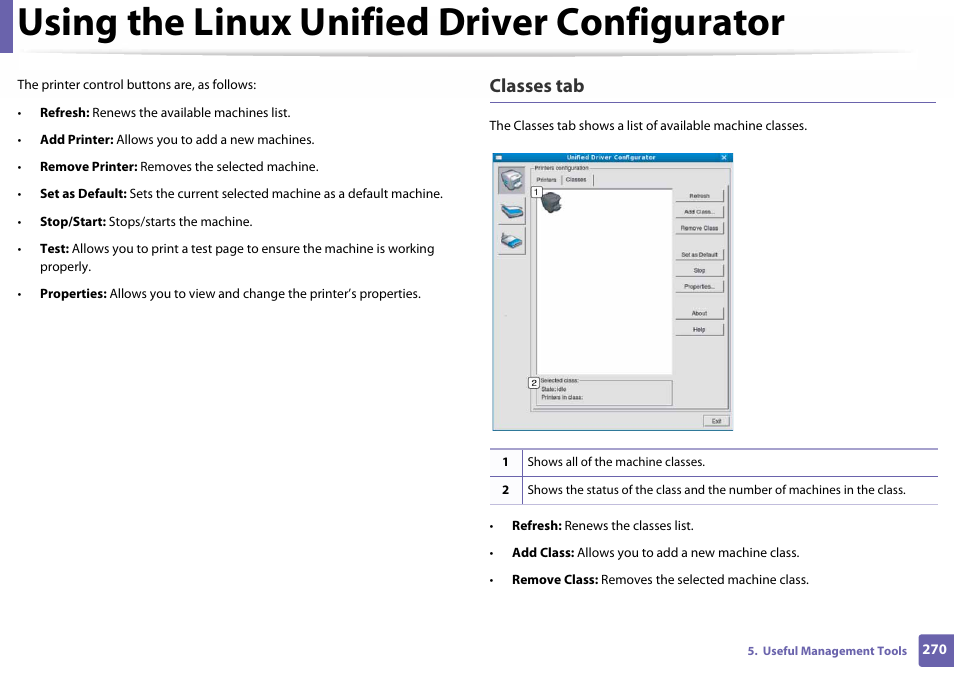 Using the linux unified driver configurator, Classes tab | Samsung SL-C460W-XAX User Manual | Page 270 / 337