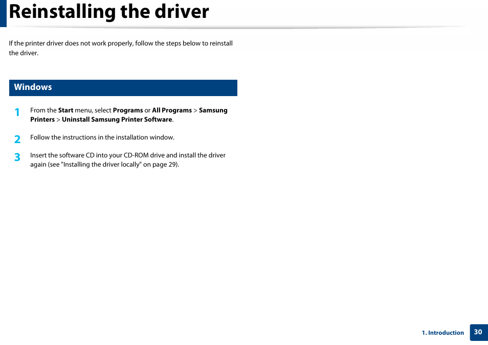 Reinstalling the driver, Windows | Samsung SL-C460W-XAX User Manual | Page 30 / 337