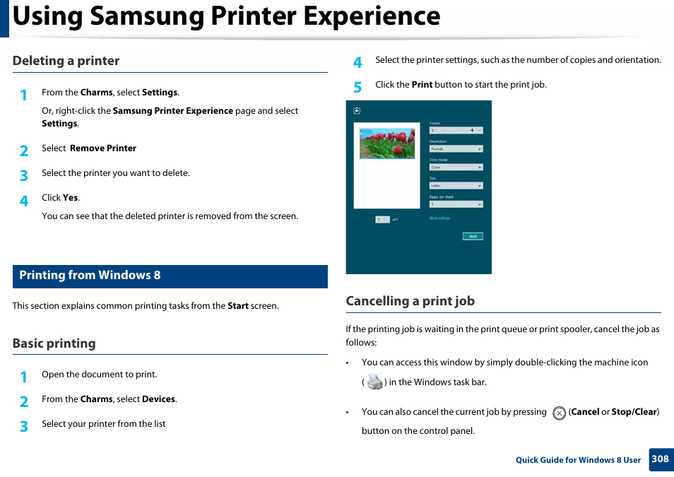 Printing from windows 8, Using samsung printer experience | Samsung SL-C460W-XAX User Manual | Page 308 / 337