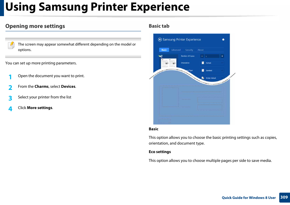 Using samsung printer experience, Opening more settings | Samsung SL-C460W-XAX User Manual | Page 309 / 337