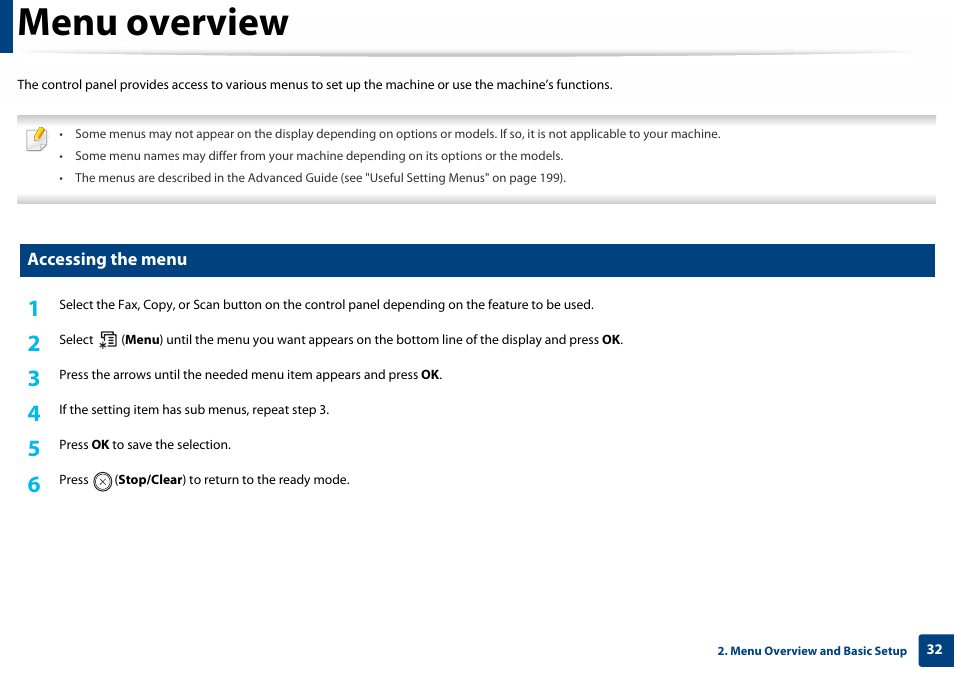 Menu overview, Accessing the menu | Samsung SL-C460W-XAX User Manual | Page 32 / 337