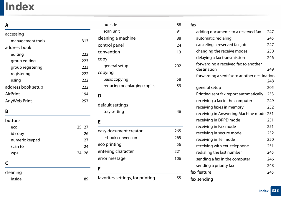Index, Accessing, Management tools 313 | Address book, Editing 222, Group editing 223, Group registering 223, Registering 222, Using 222, Address book setup 222 | Samsung SL-C460W-XAX User Manual | Page 333 / 337