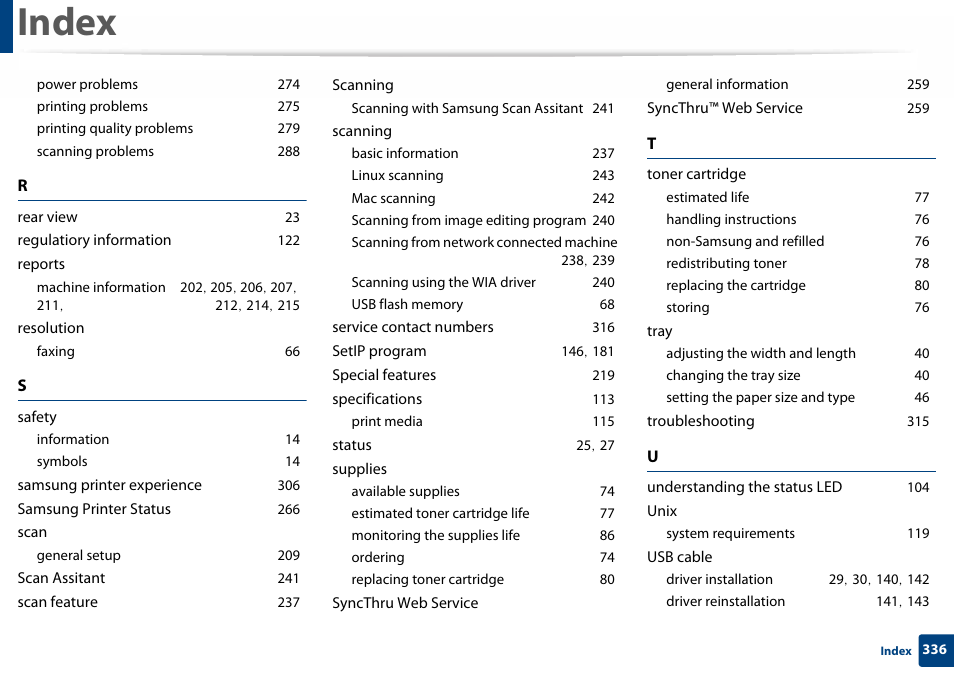 Power problems 274, Printing problems 275, Printing quality problems 279 | Scanning problems 288, Rear view 23, Regulatiory information 122, Reports, Resolution, Faxing 66, Safety | Samsung SL-C460W-XAX User Manual | Page 336 / 337