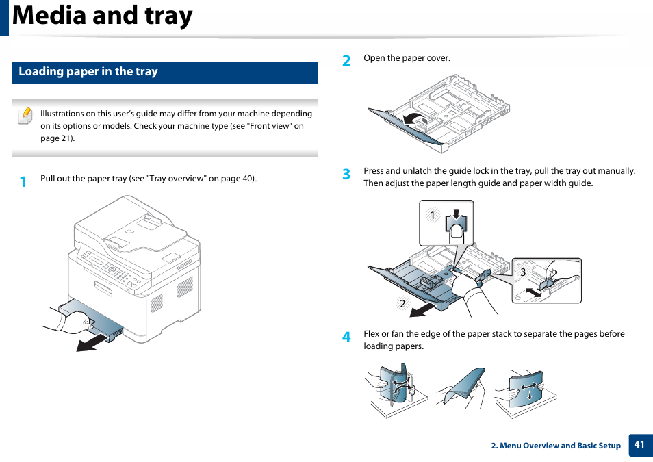 Loading paper in the tray, Media and tray | Samsung SL-C460W-XAX User Manual | Page 41 / 337