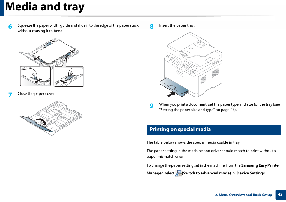 Printing on special media, Media and tray | Samsung SL-C460W-XAX User Manual | Page 43 / 337