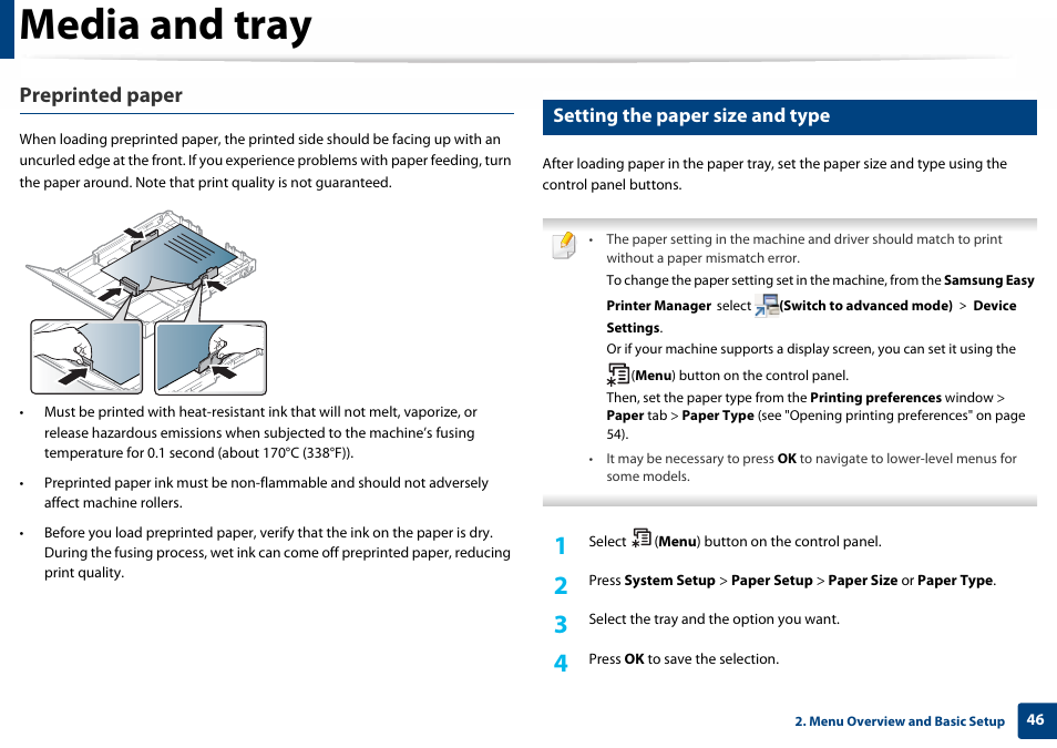 Setting the paper size and type, Media and tray, Preprinted paper | Samsung SL-C460W-XAX User Manual | Page 46 / 337