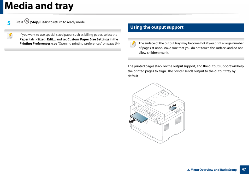 Using the output support, Media and tray | Samsung SL-C460W-XAX User Manual | Page 47 / 337