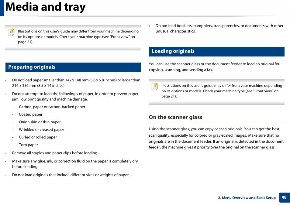 Preparing originals, Loading originals, Media and tray | On the scanner glass | Samsung SL-C460W-XAX User Manual | Page 48 / 337