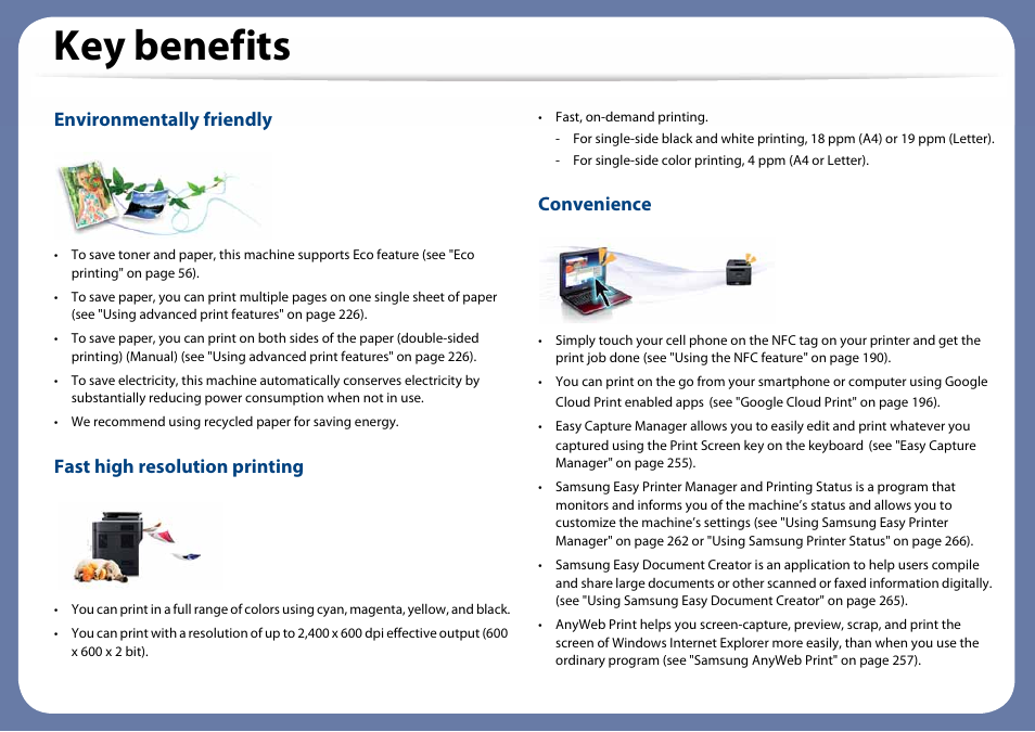 Key benefits, Environmentally friendly, Fast high resolution printing | Convenience | Samsung SL-C460W-XAX User Manual | Page 5 / 337