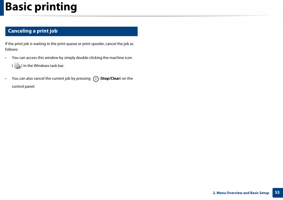 Canceling a print job, Basic printing | Samsung SL-C460W-XAX User Manual | Page 53 / 337