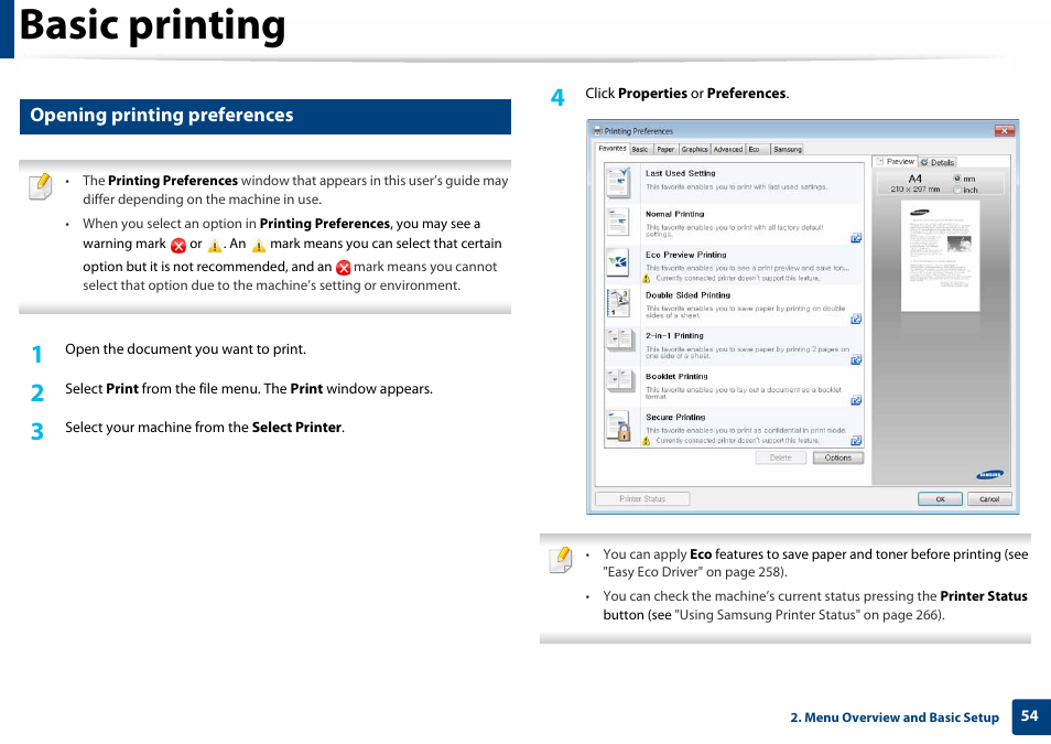 Opening printing preferences, Basic printing | Samsung SL-C460W-XAX User Manual | Page 54 / 337