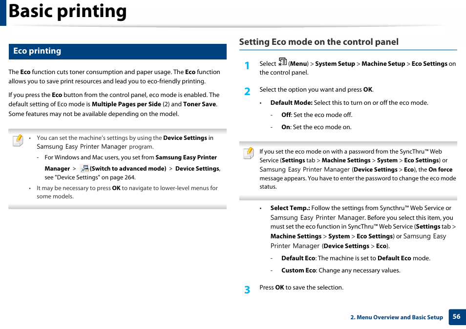 Eco printing, Basic printing, Setting eco mode on the control panel | Samsung SL-C460W-XAX User Manual | Page 56 / 337