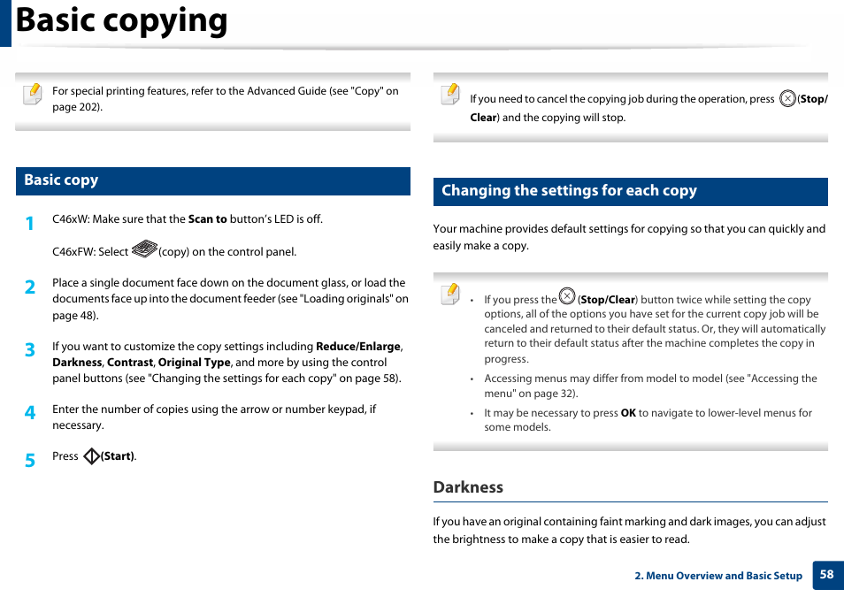Basic copying, Basic copy, Changing the settings for each copy | Darkness | Samsung SL-C460W-XAX User Manual | Page 58 / 337