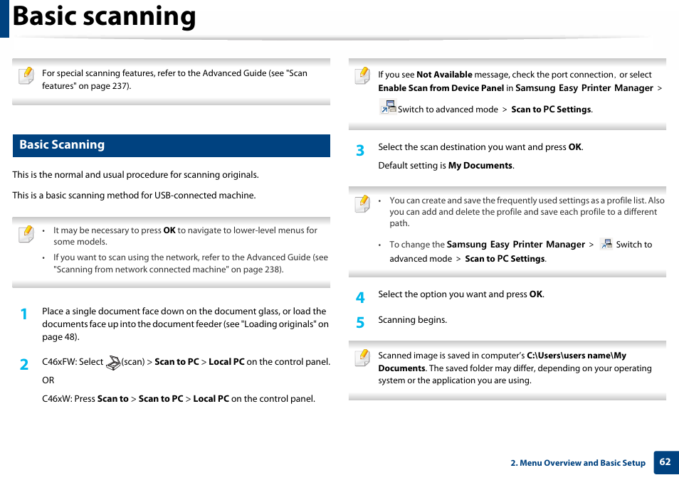 Basic scanning | Samsung SL-C460W-XAX User Manual | Page 62 / 337