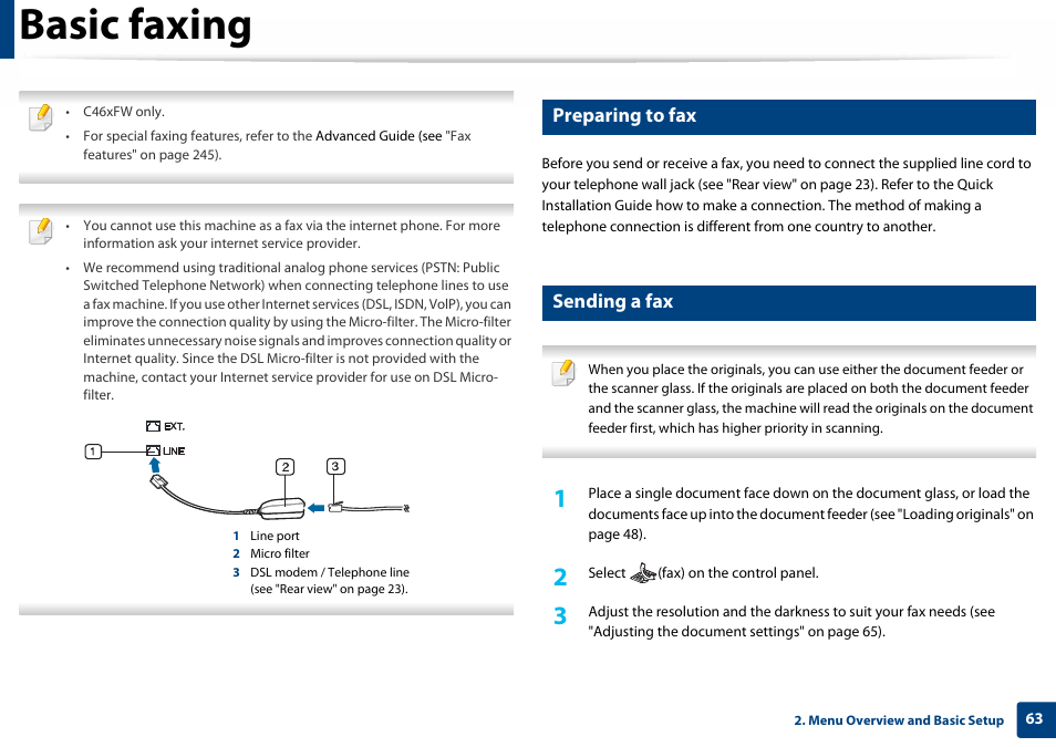 Basic faxing, Preparing to fax, Sending a fax | Samsung SL-C460W-XAX User Manual | Page 63 / 337