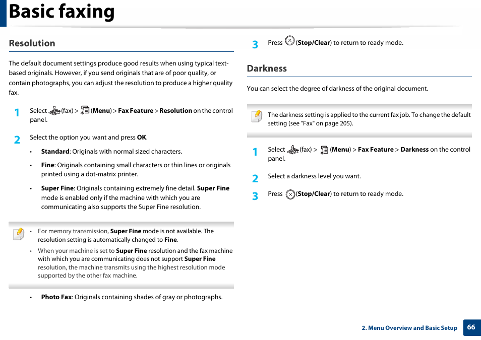 Basic faxing, Resolution, Darkness | Samsung SL-C460W-XAX User Manual | Page 66 / 337