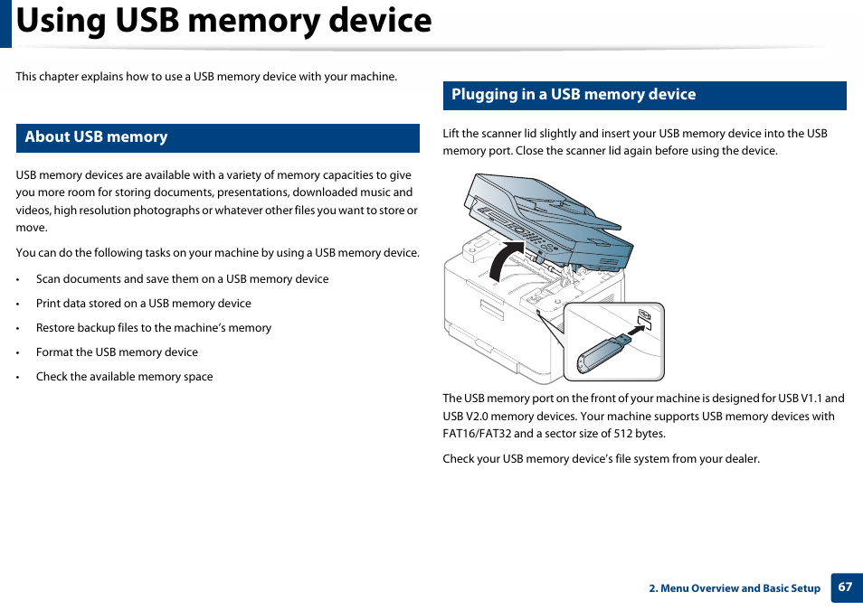 Using usb memory device, About usb memory, Plugging in a usb memory device | Samsung SL-C460W-XAX User Manual | Page 67 / 337