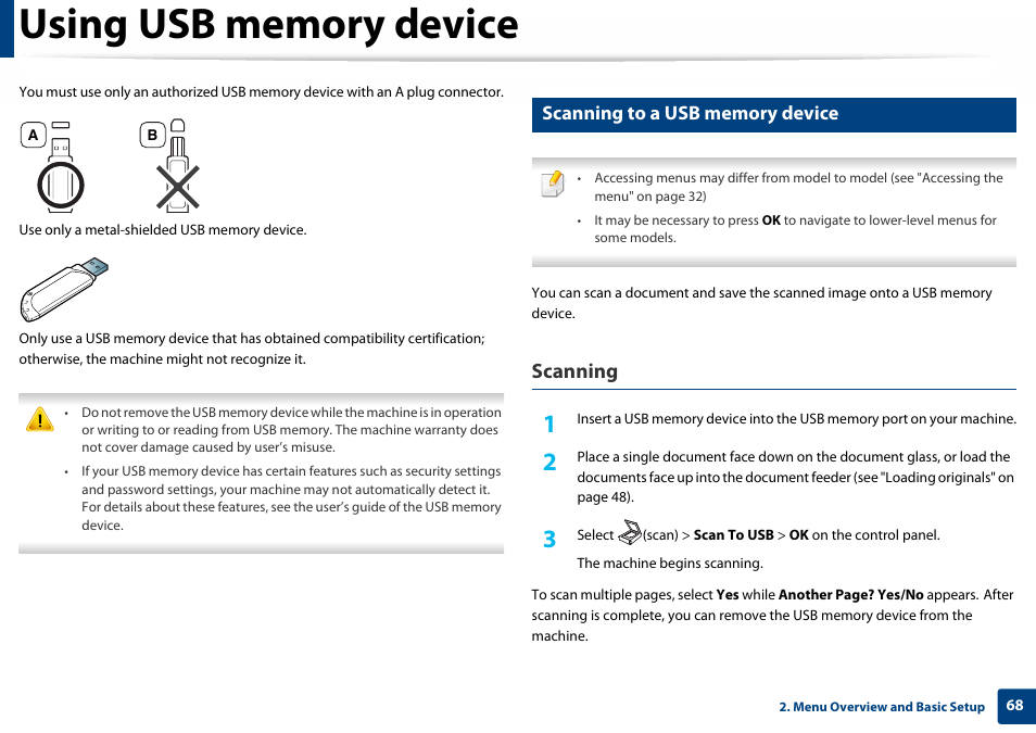 Scanning to a usb memory device, Scanning | Samsung SL-C460W-XAX User Manual | Page 68 / 337
