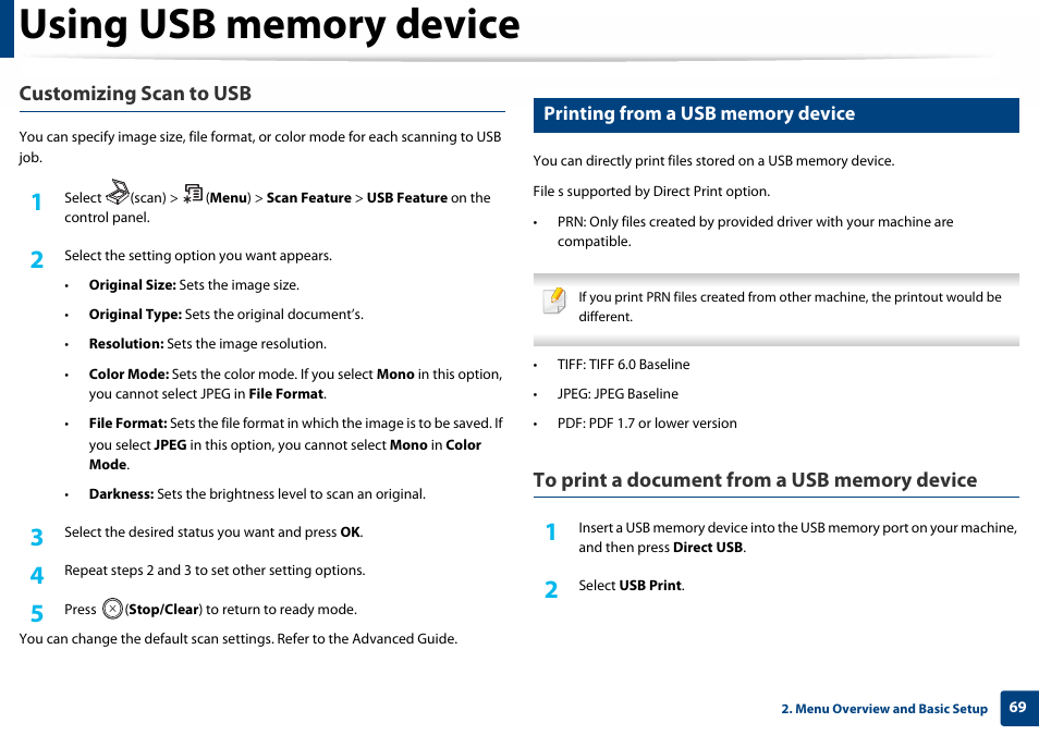 Printing from a usb memory device, Customizing scan to usb | Samsung SL-C460W-XAX User Manual | Page 69 / 337