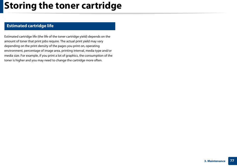 Estimated cartridge life, Storing the toner cartridge | Samsung SL-C460W-XAX User Manual | Page 77 / 337