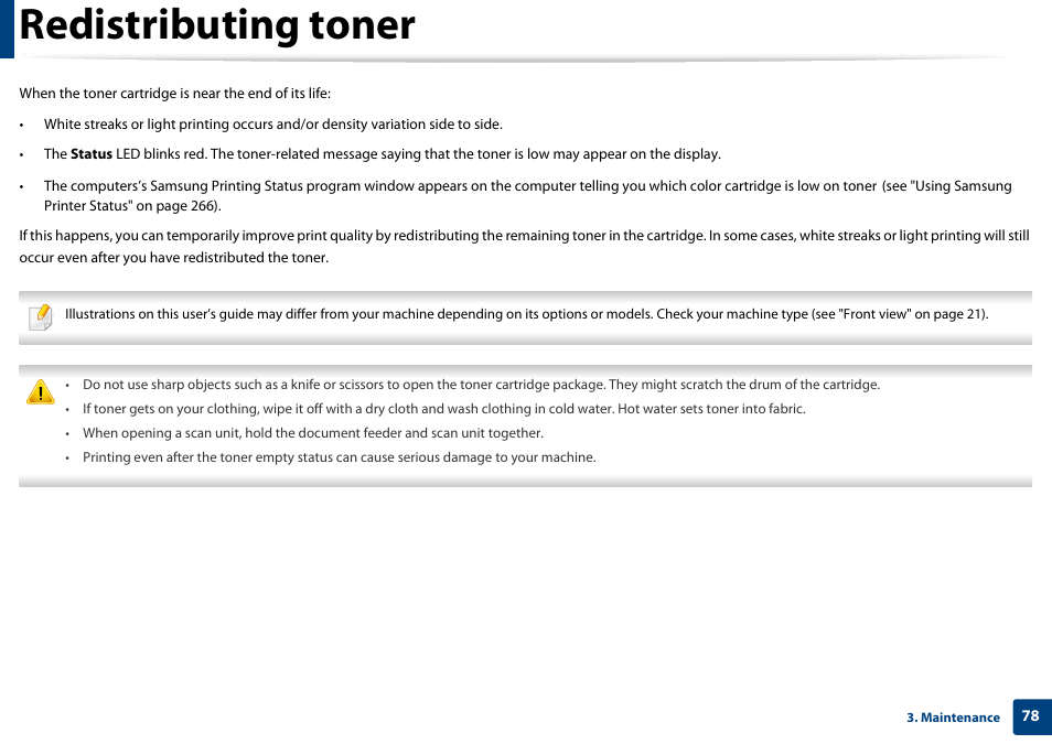 Redistributing toner | Samsung SL-C460W-XAX User Manual | Page 78 / 337