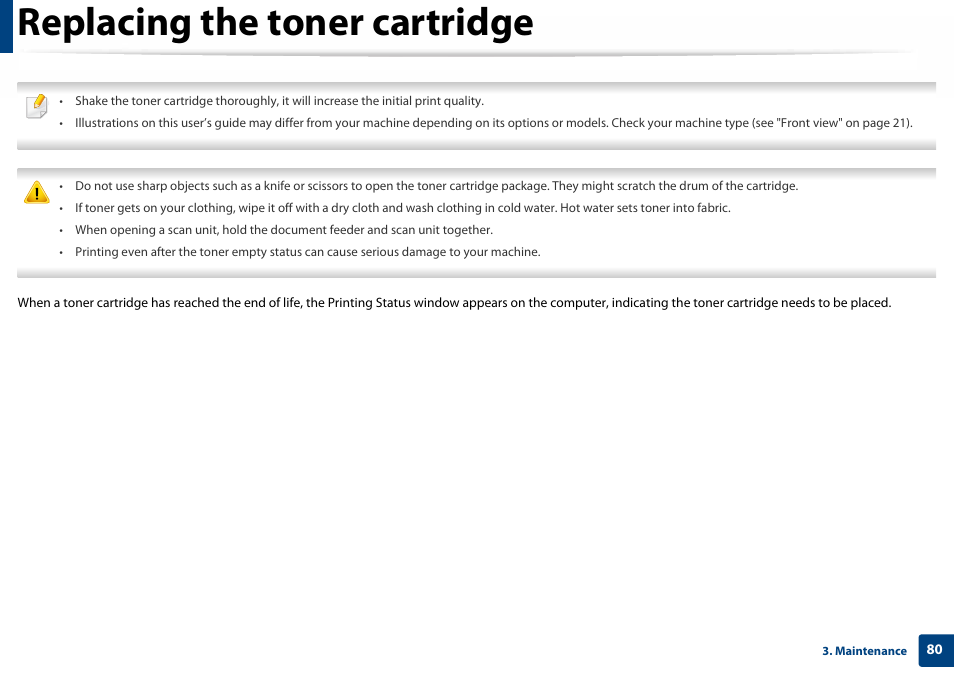 Replacing the toner cartridge | Samsung SL-C460W-XAX User Manual | Page 80 / 337