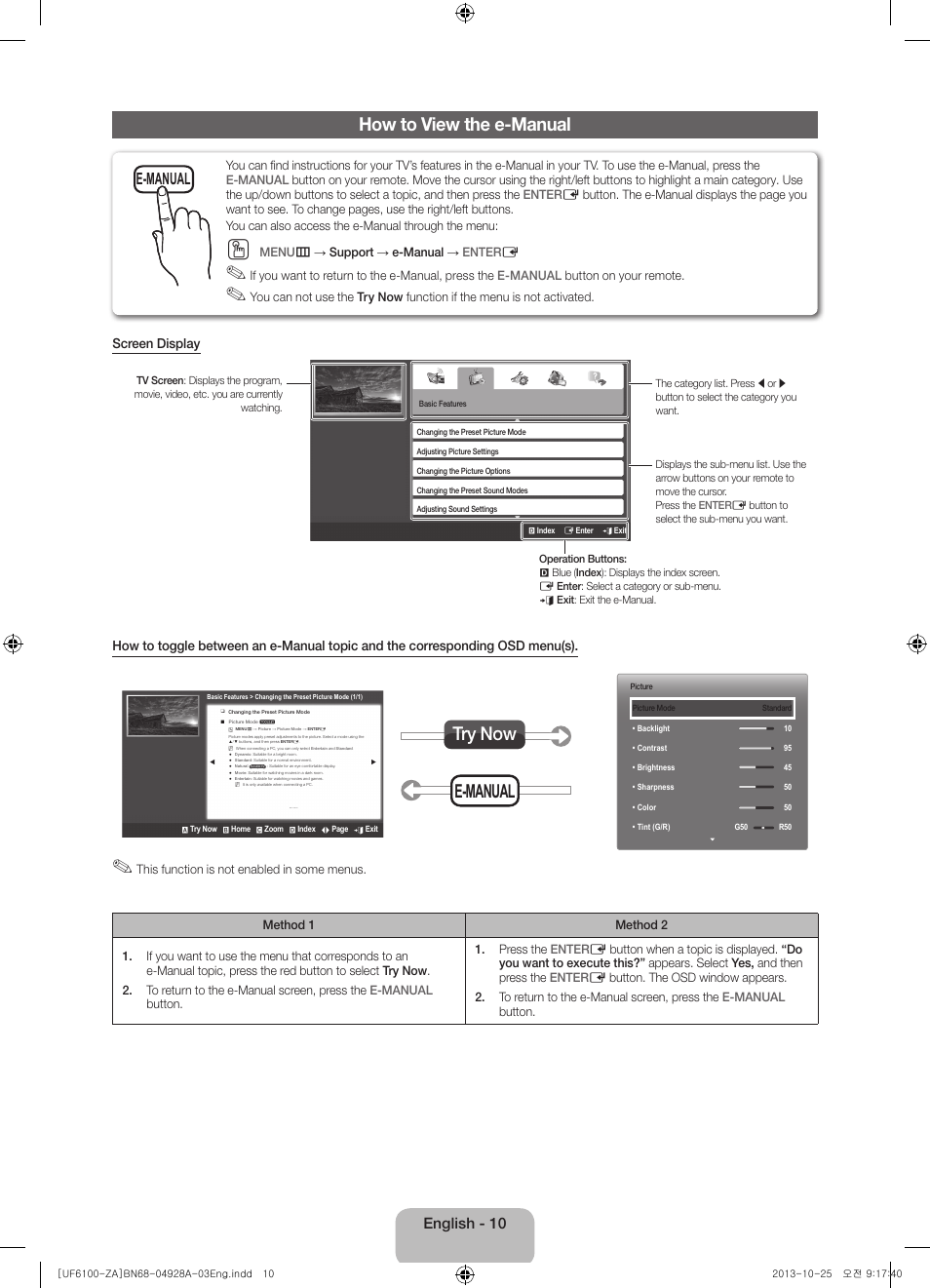 How to view the e-manual, E-manual try now, E-manual | English - 10, Menu m → support → e-manual → enter e | Samsung UN50F6100AFXZA User Manual | Page 10 / 22