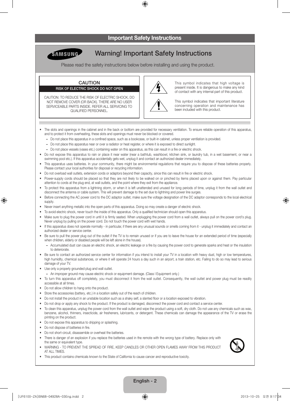 Warning! important safety instructions, Important safety instructions | Samsung UN50F6100AFXZA User Manual | Page 2 / 22