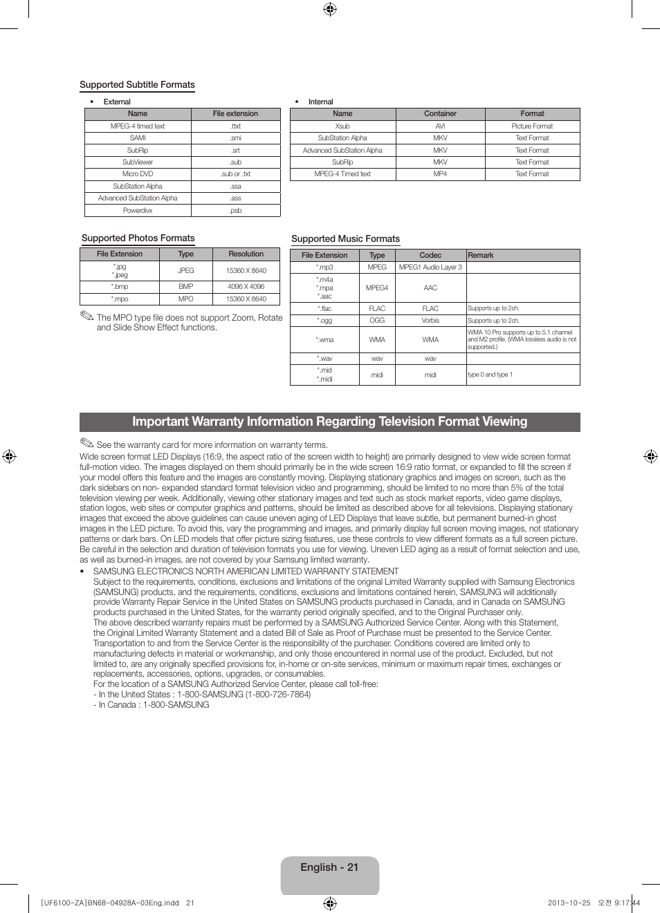 English - 21 | Samsung UN50F6100AFXZA User Manual | Page 21 / 22