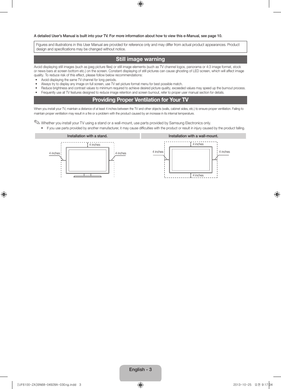 Still image warning, Providing proper ventilation for your tv | Samsung UN50F6100AFXZA User Manual | Page 3 / 22