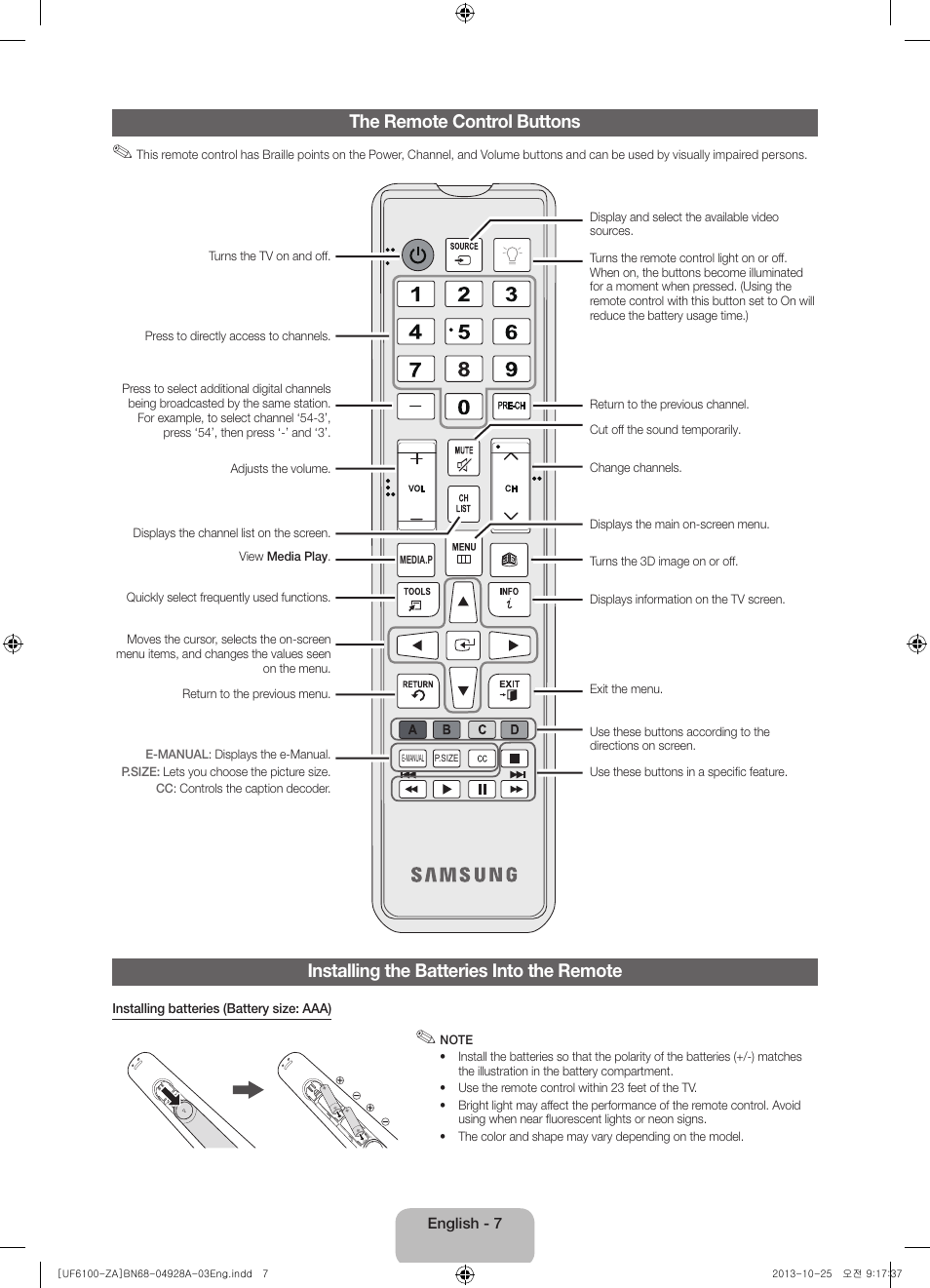 Installing the batteries into the remote, The remote control buttons | Samsung UN50F6100AFXZA User Manual | Page 7 / 22