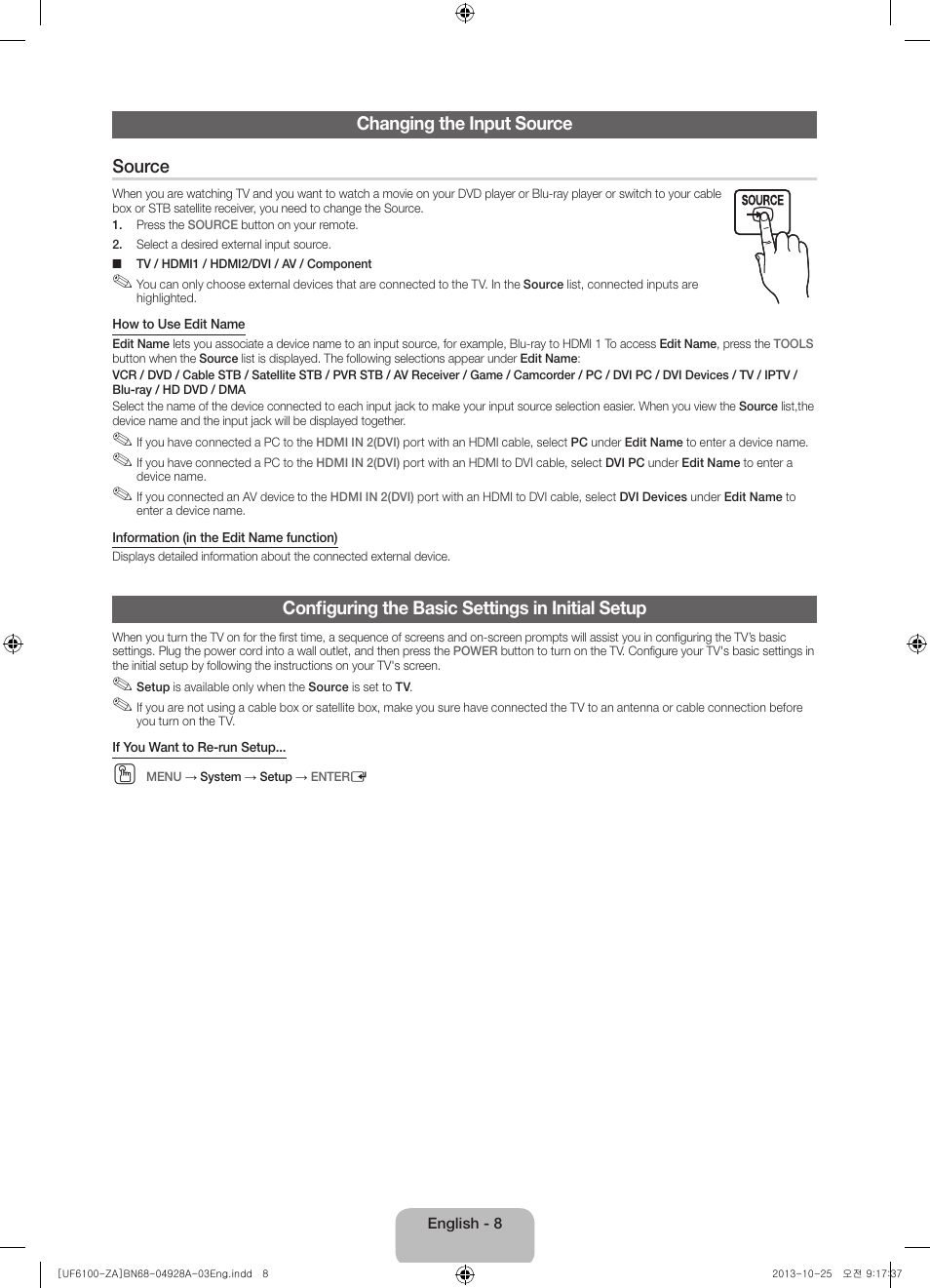 Changing the input source source, Configuring the basic settings in initial setup | Samsung UN50F6100AFXZA User Manual | Page 8 / 22