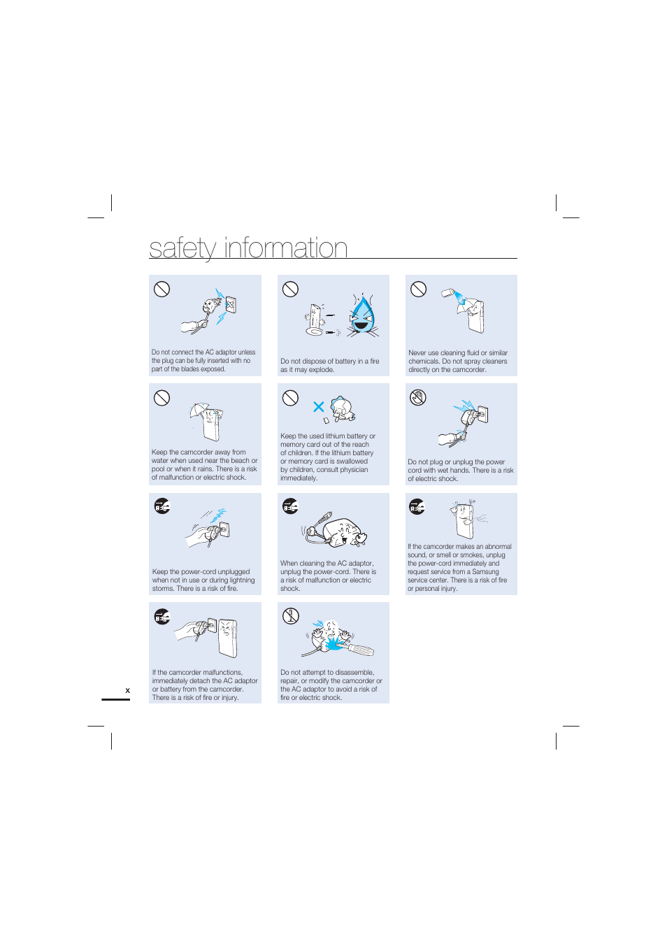 Safety information | Samsung HMX-U20LN-XAC User Manual | Page 10 / 94