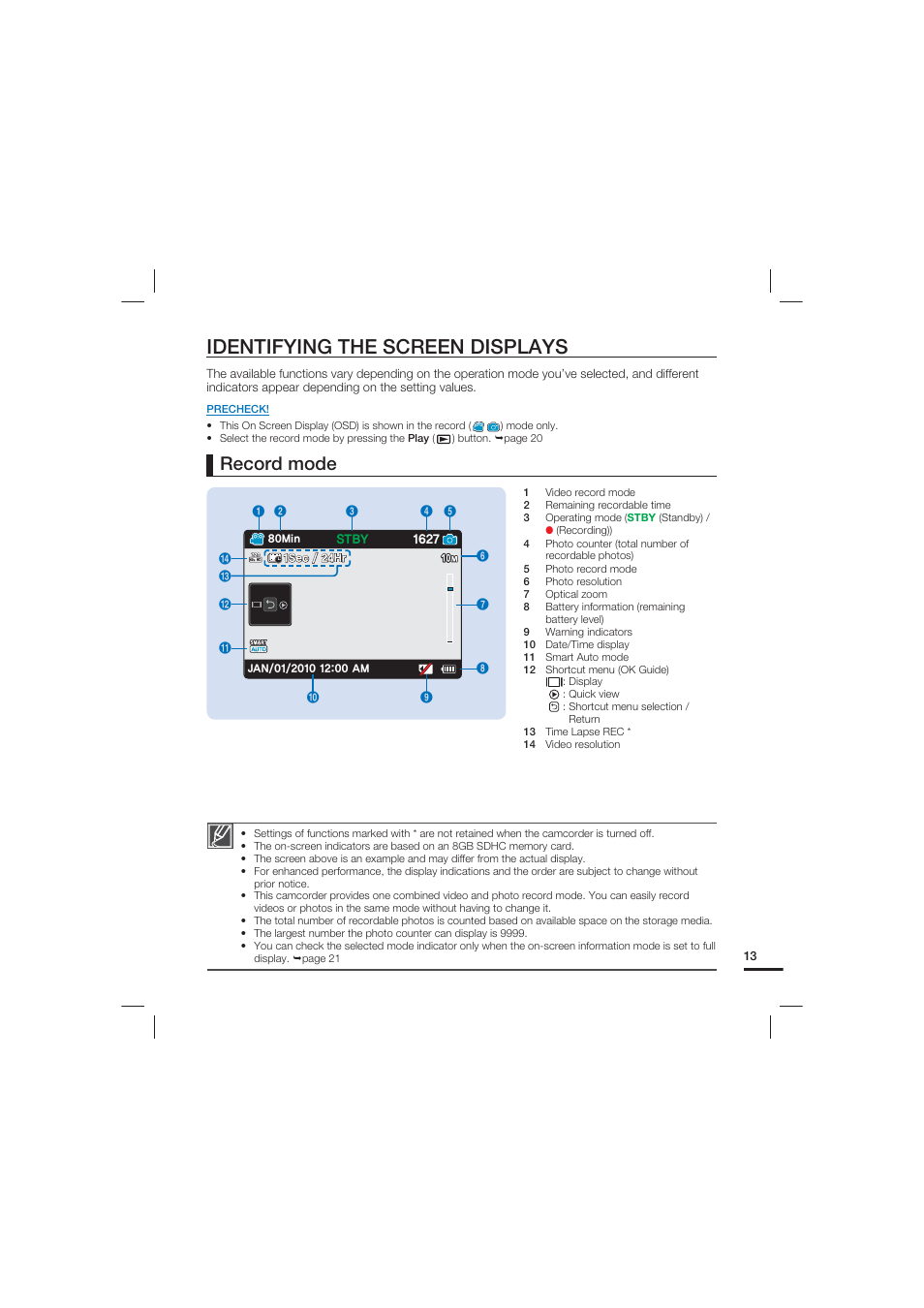 Identifying the screen displays, Record mode | Samsung HMX-U20LN-XAC User Manual | Page 23 / 94