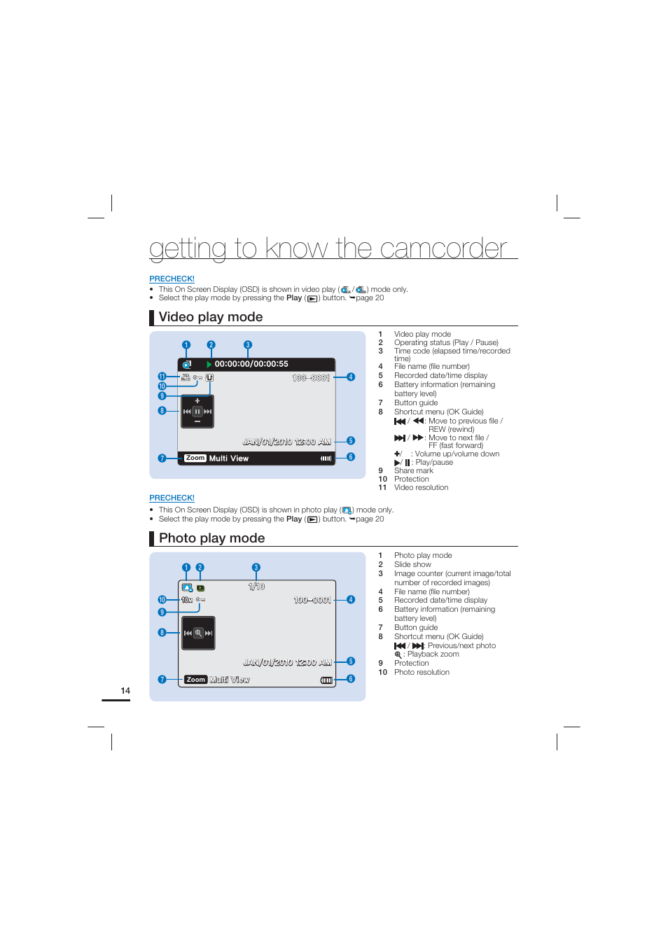 Getting to know the camcorder, Video play mode, Photo play mode | Samsung HMX-U20LN-XAC User Manual | Page 24 / 94