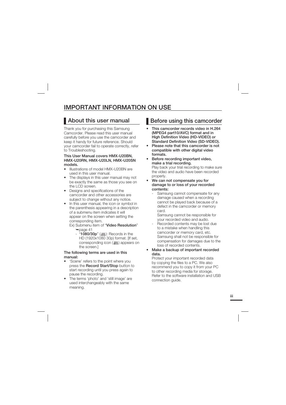 Important information on use, Before using this camcorder, About this user manual | Samsung HMX-U20LN-XAC User Manual | Page 3 / 94