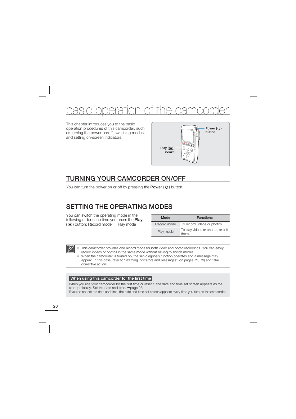 Basic operation of the camcorder, Turning your camcorder on/off, Setting the operating modes | Samsung HMX-U20LN-XAC User Manual | Page 30 / 94