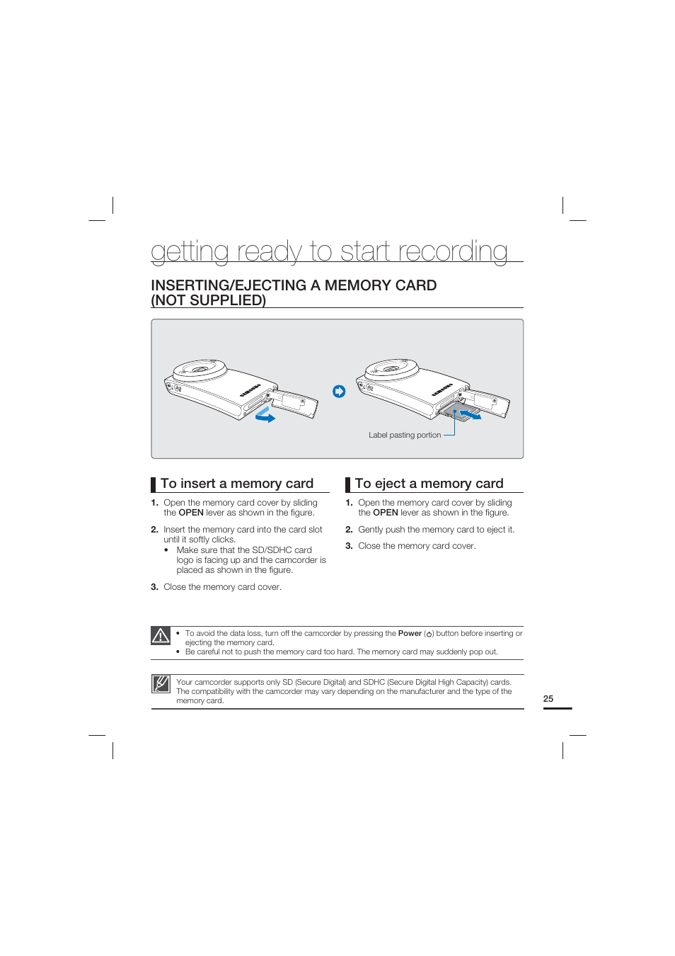 Getting ready to start recording, Inserting/ejecting a memory card (not supplied) | Samsung HMX-U20LN-XAC User Manual | Page 35 / 94