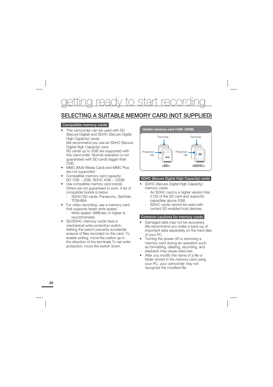 Selecting a suitable memory card (not supplied), Getting ready to start recording | Samsung HMX-U20LN-XAC User Manual | Page 36 / 94