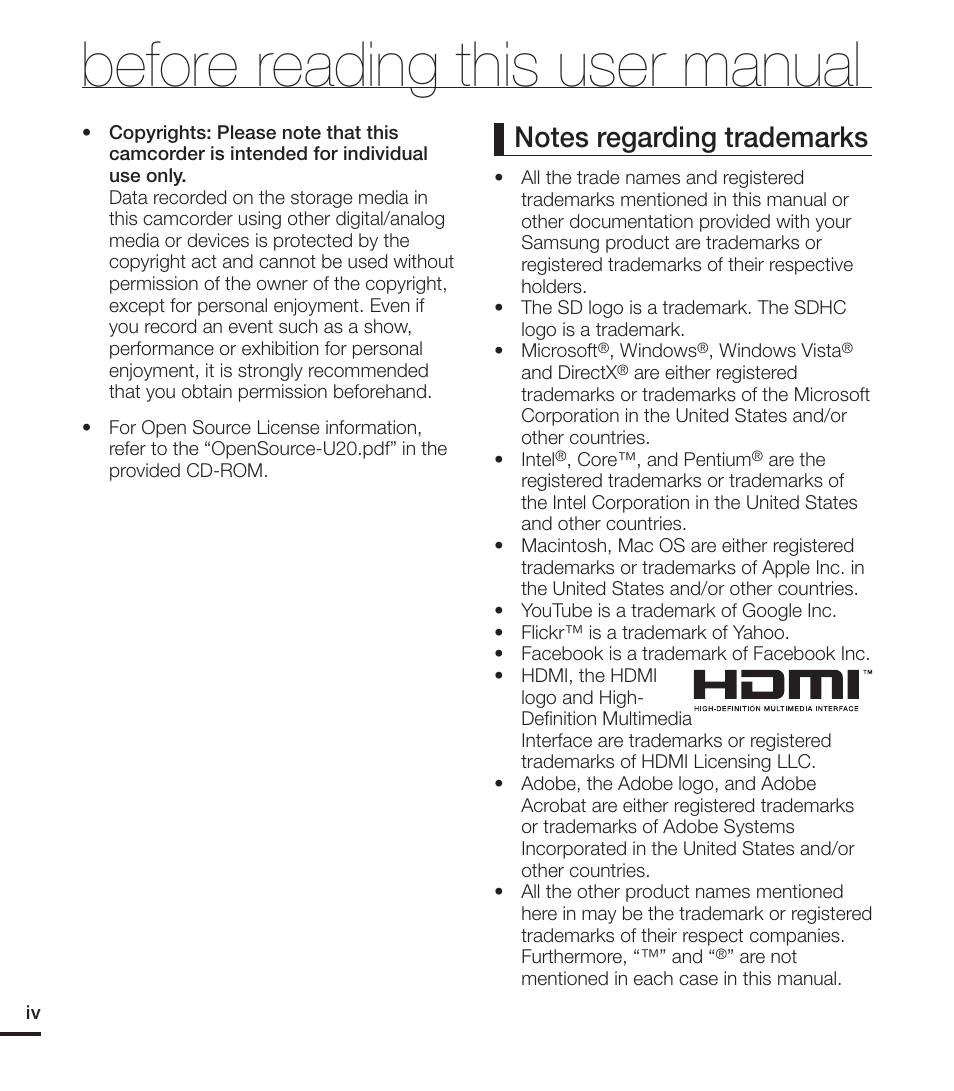 Before reading this user manual | Samsung HMX-U20LN-XAC User Manual | Page 4 / 94