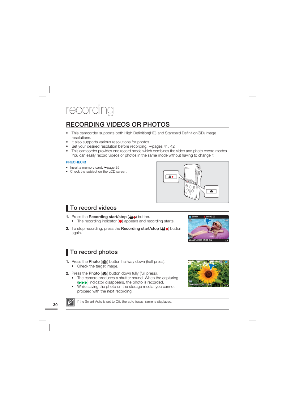 Recording, Recording videos or photos | Samsung HMX-U20LN-XAC User Manual | Page 40 / 94