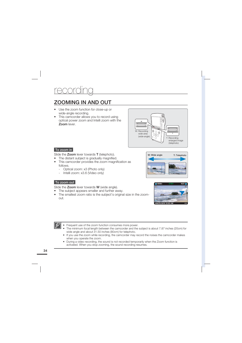 Zooming in and out, Recording | Samsung HMX-U20LN-XAC User Manual | Page 44 / 94