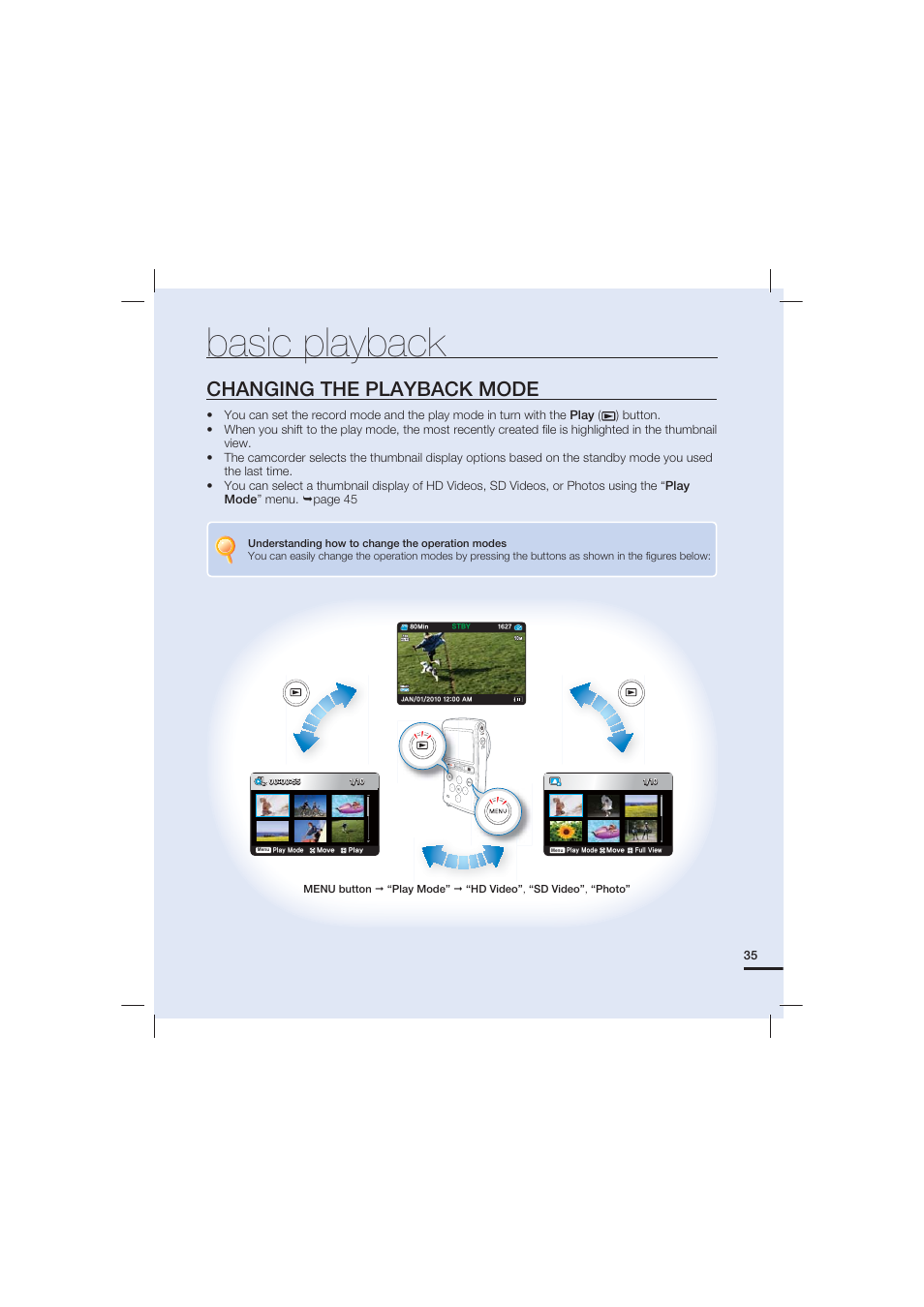 Basic playback, Changing the playback mode | Samsung HMX-U20LN-XAC User Manual | Page 45 / 94