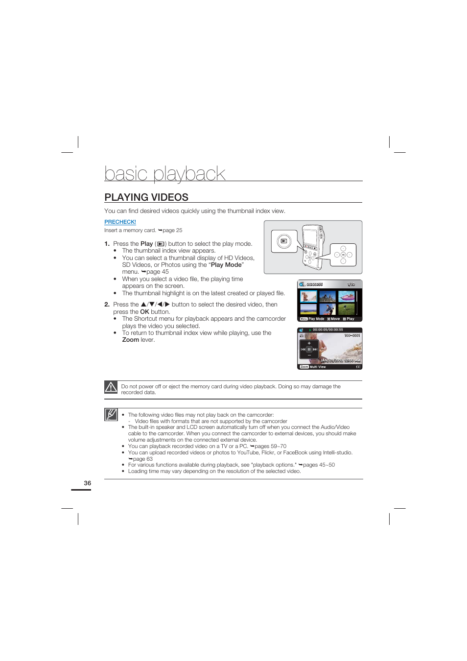 Playing videos, Basic playback | Samsung HMX-U20LN-XAC User Manual | Page 46 / 94