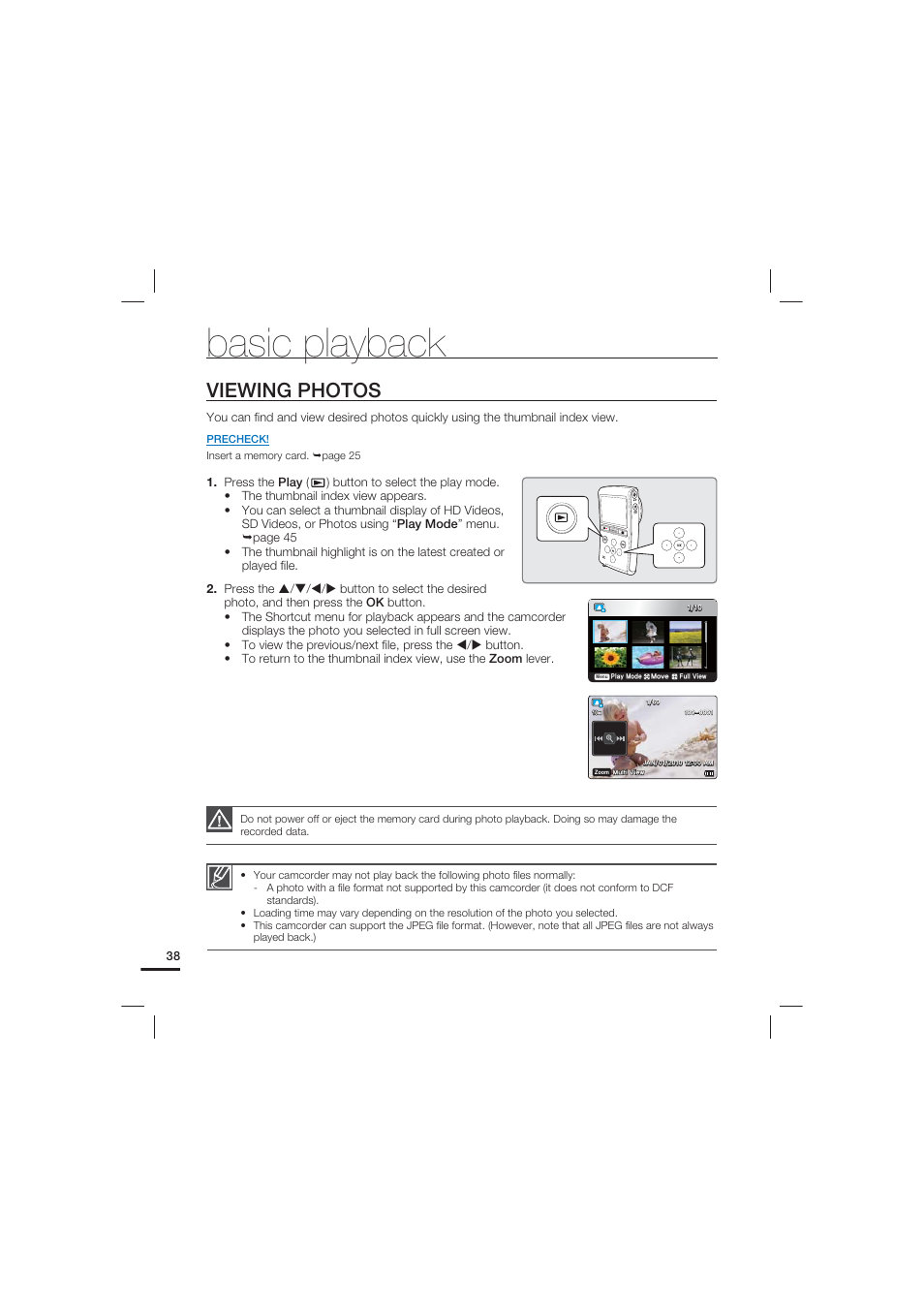 Viewing photos, Basic playback | Samsung HMX-U20LN-XAC User Manual | Page 48 / 94