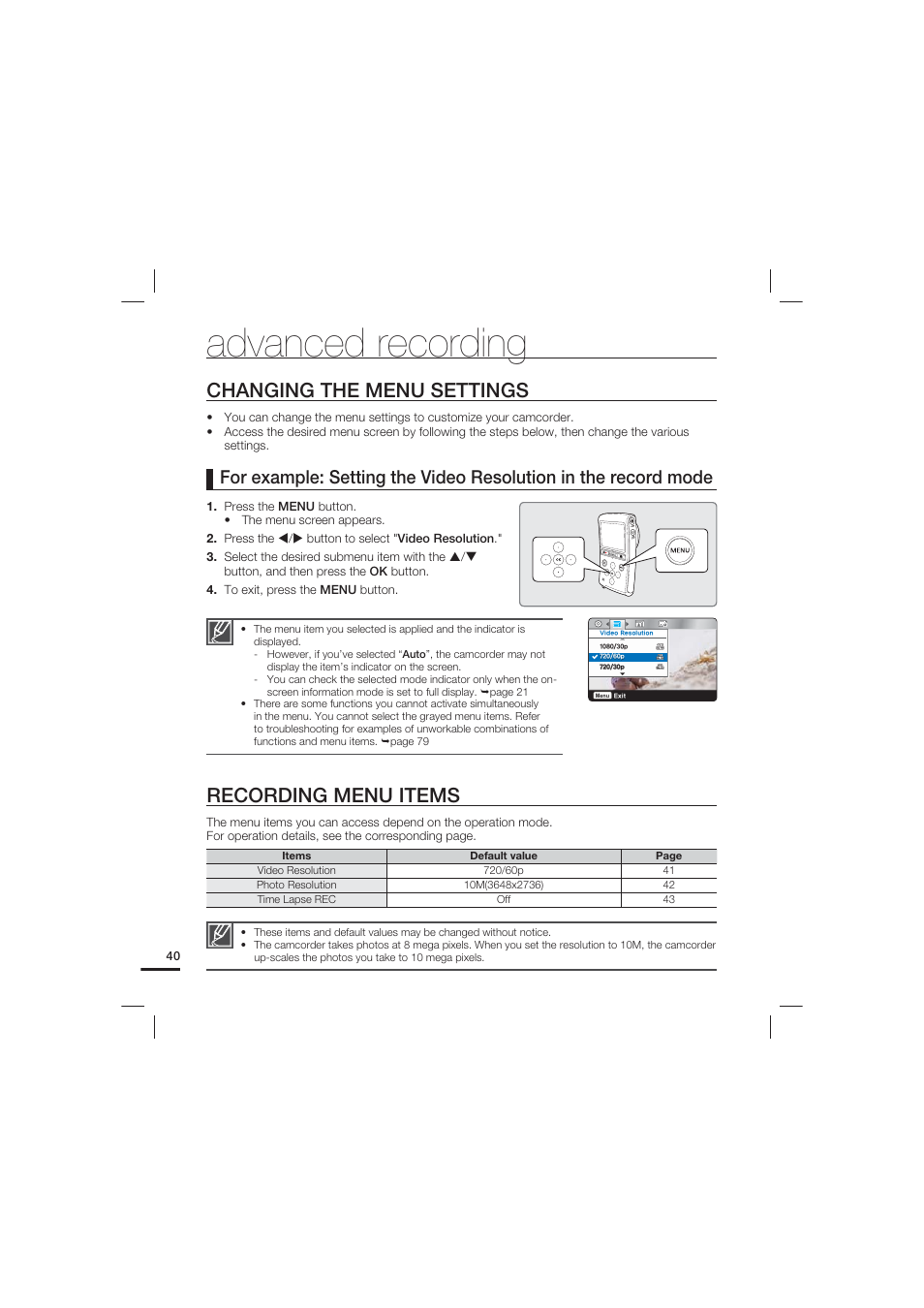 Advanced recording, Changing the menu settings, Recording menu items | Samsung HMX-U20LN-XAC User Manual | Page 50 / 94