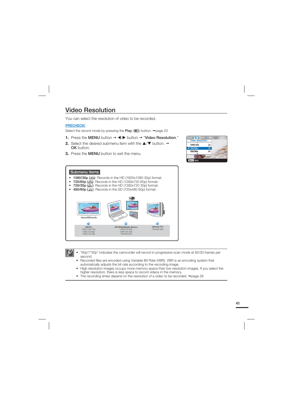 Video resolution | Samsung HMX-U20LN-XAC User Manual | Page 51 / 94